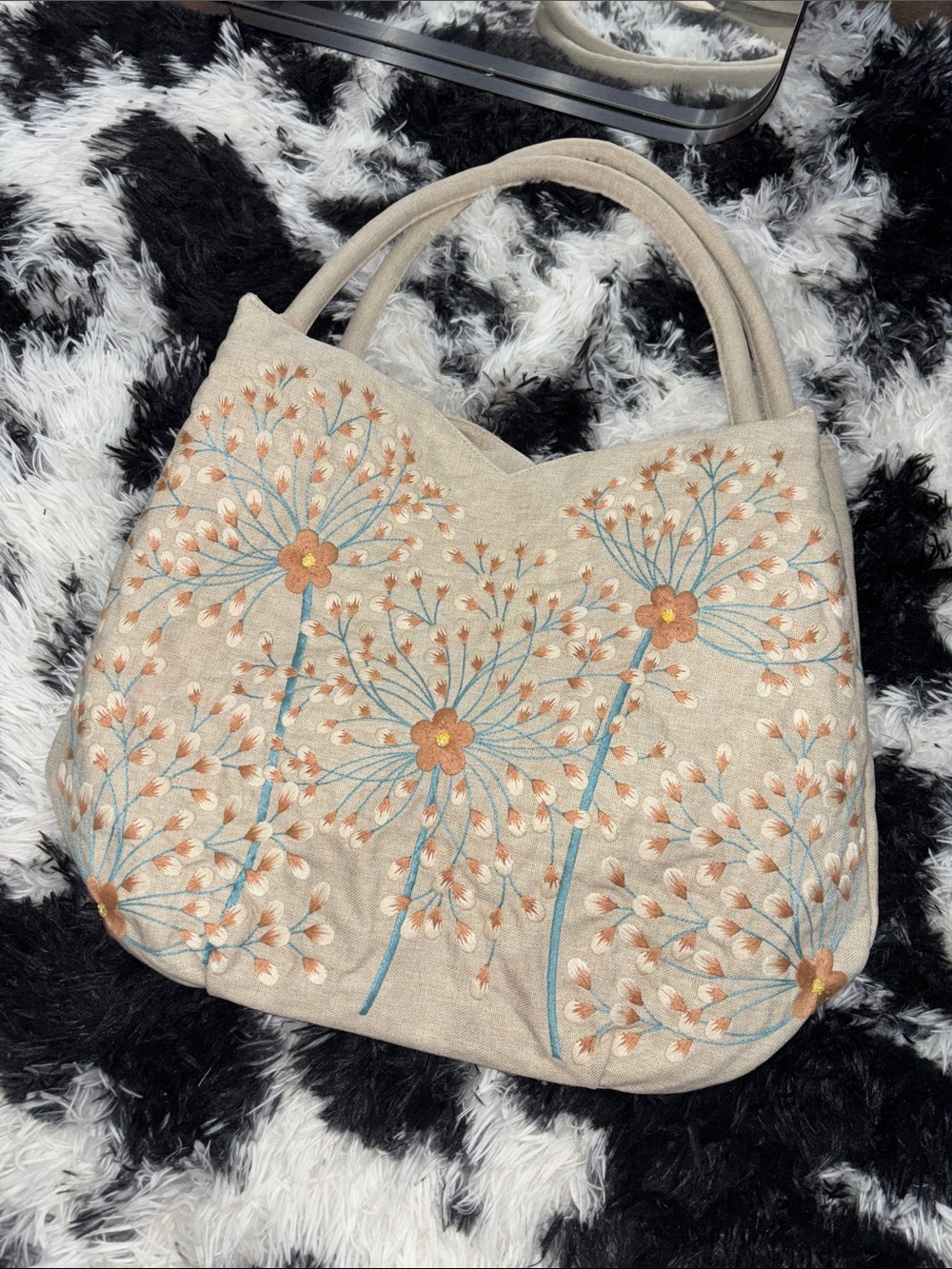 Beige Floral Embroidered Tote Bag